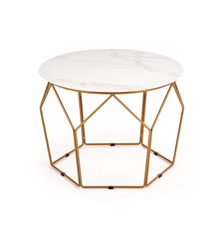 Stolik kawowy złoty z okrągłym blatem imitującym marmur i nowoczesną konstrukcją.