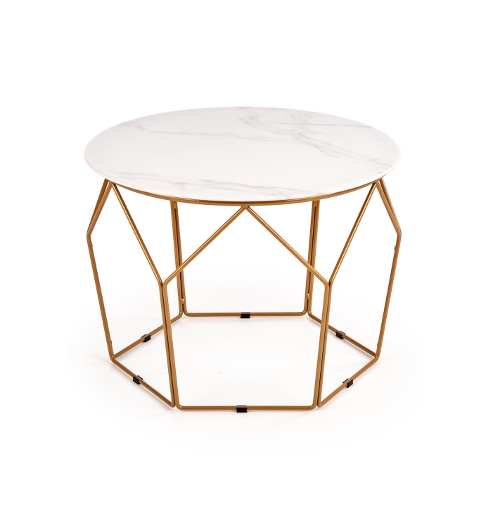 Stolik kawowy złoty z okrągłym blatem imitującym marmur i nowoczesną konstrukcją.