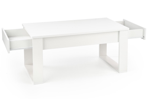 Stolik kawowy biały prostokątny z szufladami.