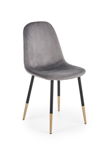 Krzesło szare velvet z czarno złotymi metalowymi nogami.