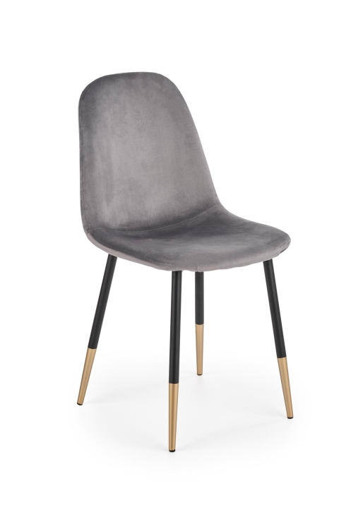Krzesło szare velvet z czarno złotymi metalowymi nogami.