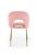 Krzesło ze złotymi nogami, jasnoróżowe, miękka tkanina, elegancka forma.