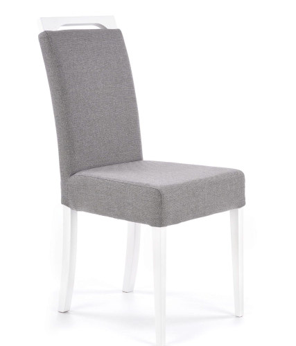 Krzesło szare CLARION z tapicerowanym siedziskiem i białymi nogami bukowymi.