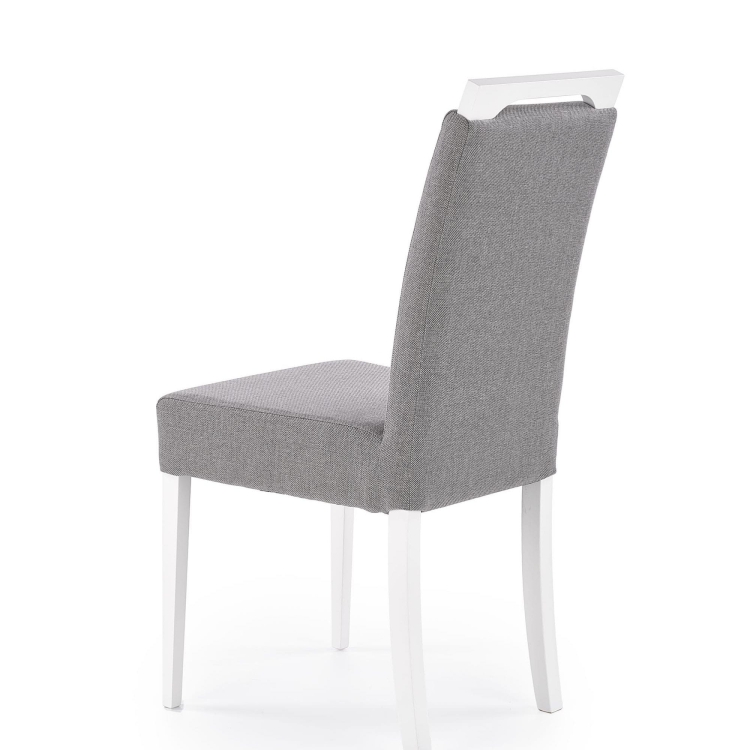 Krzesło drewniane do jadalni CLARION z wysokim oparciem i szarą tapicerką.