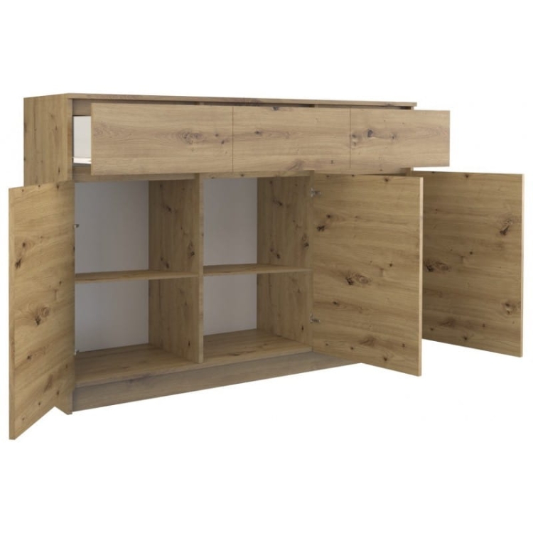 Komoda z szufladami wyróżnia się nowoczesnym wyglądem i bezuchwytowymi frontami.