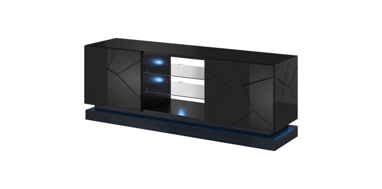 Szafka RTV czarna — widok frontowy z połyskowymi frezowanymi frontami.