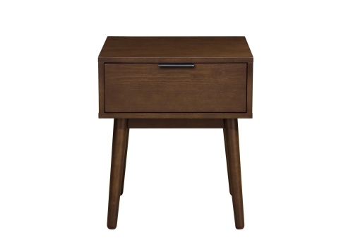 Stolik nocny orzech 40 cm z szufladą w stylu retro na drewnianych nogach.