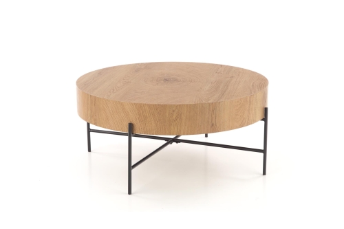 Stolik kawowy okrągły dąb naturalny do salonu nowoczesnego z czarną podstawą.
