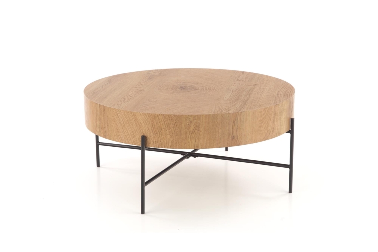 Stolik kawowy okrągły dąb naturalny do salonu nowoczesnego z czarną podstawą.