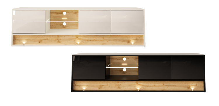 Szafka RTV 180 cm czarna połysk jako duży mebel pod telewizor.