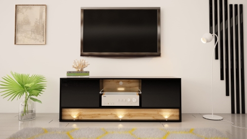 Czarna szafka pod telewizor z elementem dąb wotan.