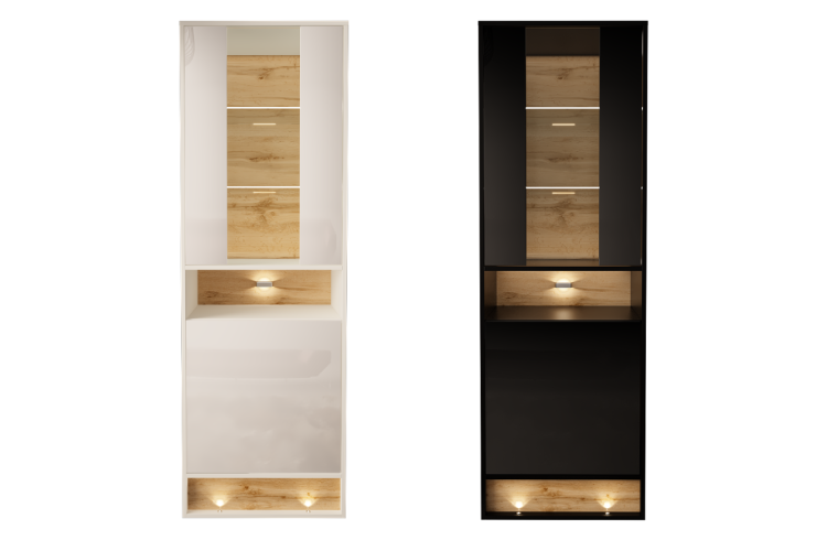 Witryna szklana biała połysk z półkami, nowoczesny design.