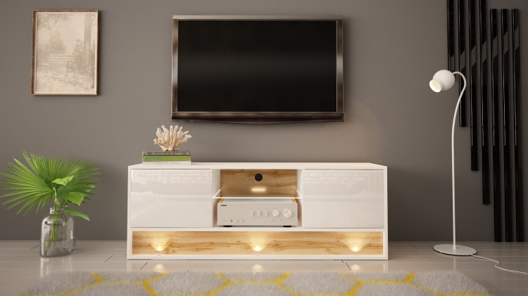 Biała szafka RTV LED nowoczesna do salonu.