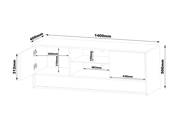 Szafka RTV Biała Połysk - VISION - 140cm wymiary