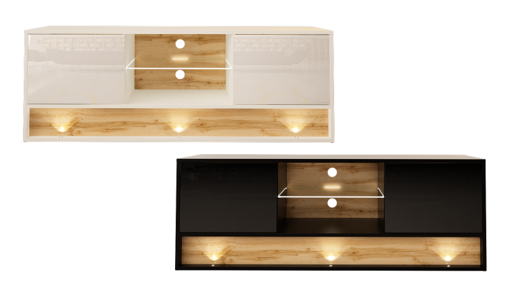 Szafka pod TV biała połysk z elementem dąb wotan.