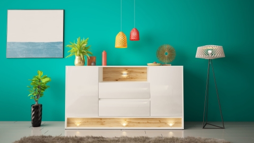 Biała komoda połysk z podświetleniem LED, szeroka, nowoczesna, stylowa.