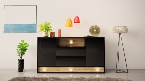 Czarna komoda połysk z podświetleniem LED, szeroka, nowoczesna, stylowa.