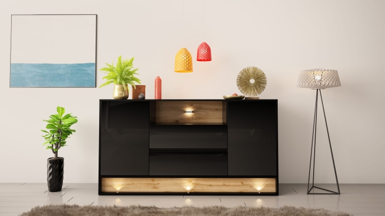 Czarna komoda połysk z podświetleniem LED, szeroka, nowoczesna, stylowa.