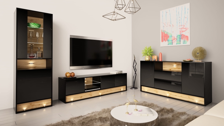 Komoda czarny połysk do salonu z LED, elegancka, funkcjonalna, nowoczesna.