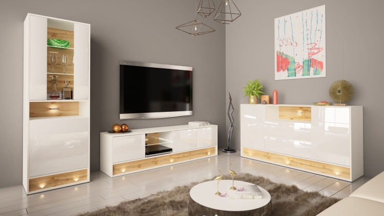 Komoda biała do salonu połysk LED, elegancka, funkcjonalna, nowoczesna aranżacja.