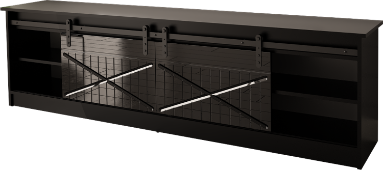 Czarna szafka RTV z systemem przesuwnym loft i frezowanymi frontami.
