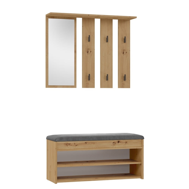 Garderoba do przedpokoju z lustrem i siedziskiem dąb artisan PALOMA II 100 cm z szafką na buty i wieszakiem jako funkcjonalny zestaw do przedpokoju.