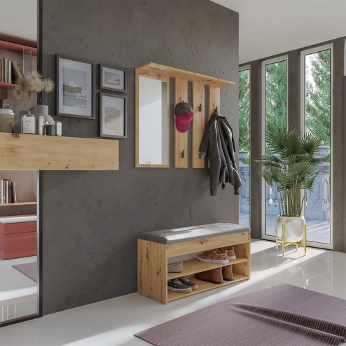 Garderoba do przedpokoju dąb artisan PALOMA II 100 cm z lustrem, siedziskiem i miejscem na buty jako praktyczny mebel do korytarza.