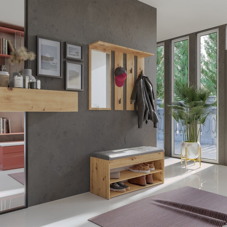 Garderoba do przedpokoju dąb artisan PALOMA II 100 cm z lustrem, siedziskiem i miejscem na buty jako praktyczny mebel do korytarza.