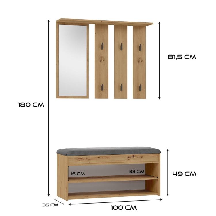 Szafka na buty z siedziskiem i wieszakiem PALOMA II 100 cm dąb artisan do organizacji przestrzeni w przedpokoju.