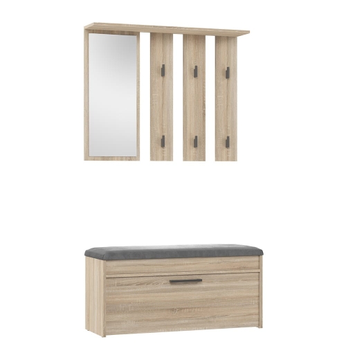 Garderoba do przedpokoju z lustrem i siedziskiem dąb sonoma PALOMA 100 cm z szafką na buty i wieszakiem jako praktyczny zestaw do przedpokoju.