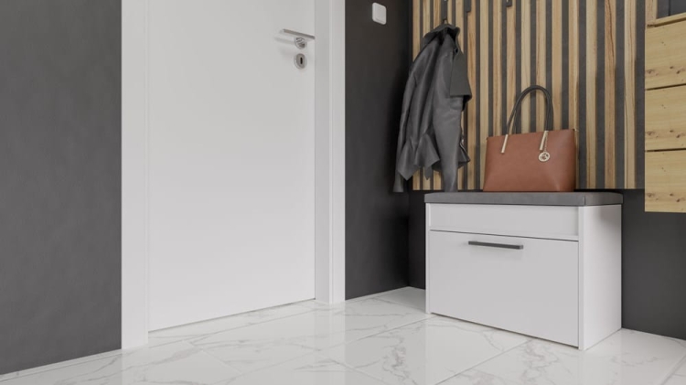 Szafka na buty biała z siedziskiem PALOMA MINI 60 cm jako praktyczny mebel do przedpokoju z funkcją przechowywania.