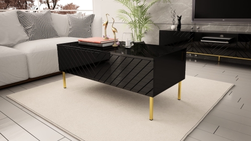 Stolik kawowy czarny połysk prezentuje elegancki model z lakierowaną powierzchnią i funkcjonalnym otwieranym schowkiem do salonu.