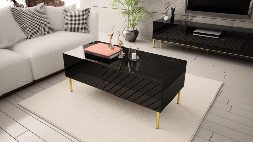 Stolik kawowy czarny glamour to stylowy mebel z połyskiem i praktycznym schowkiem który pomaga utrzymać porządek w salonie.