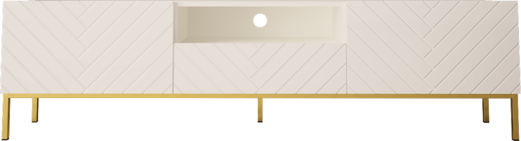 Szafka RTV biała połysk 190 cm na złotych nogach.