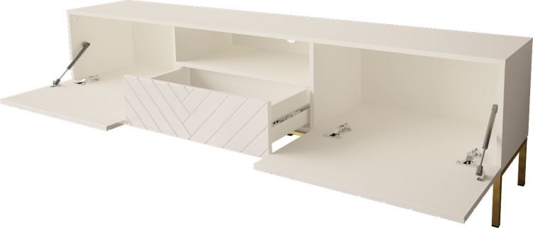 Szafka pod TV biała glamour ze złotymi detalami.