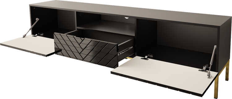 Szafka pod TV czarna glamour ze złotymi detalami.