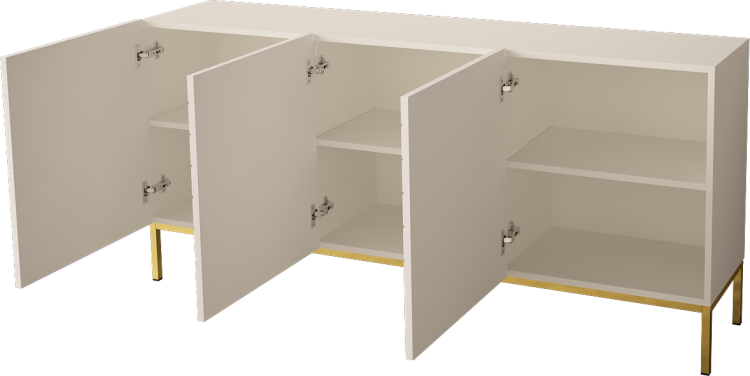 Komoda biała do salonu w połysku na złotym stelażu, nowoczesna, luksusowa.