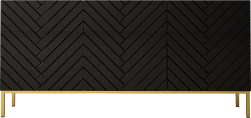 Komoda czarna połysk na złotych nogach do salonu, frezowana jodełka, elegancka.