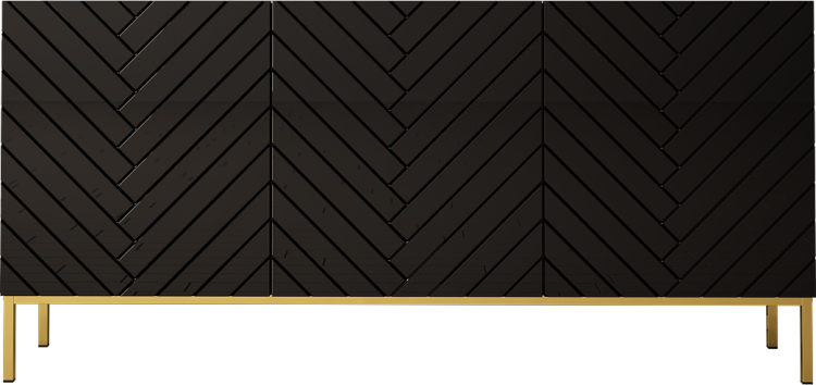 Komoda czarna połysk na złotych nogach do salonu, frezowana jodełka, elegancka.