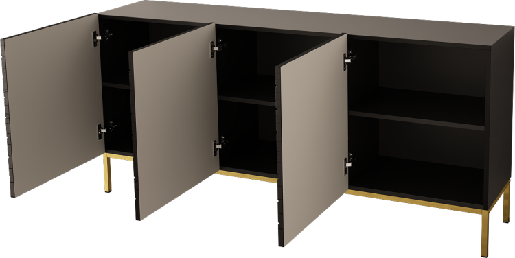 Czarna komoda w połysku z frezowanymi frontami jodełka, na złotym stelażu.