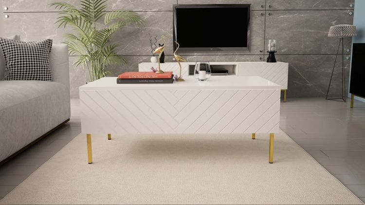 Stolik kawowy biały glamour to stylowy mebel z połyskiem i funkcjonalnym wnętrzem który łączy elegancję z praktycznym zastosowaniem.