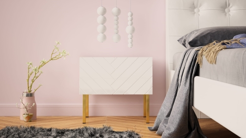 Szafka do sypialni w połysku z geometrycznym wzorem i złotą podstawą.