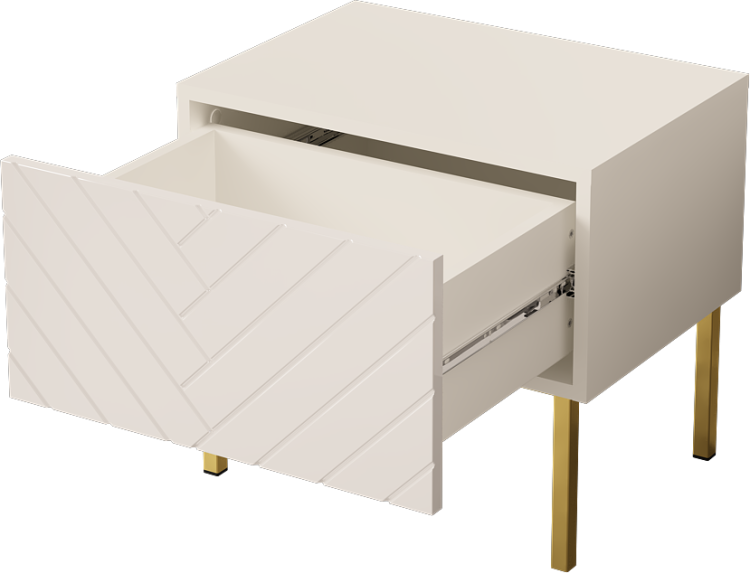 Stylowy stolik przy łóżku biały glamour z pojemną szufladą i złotymi nogami.