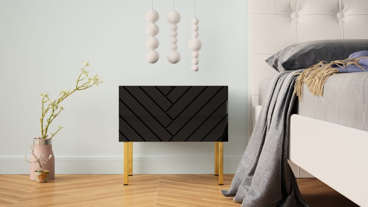 Stylowy stolik nocny glamour czarny połysk z geometrycznym frontem.