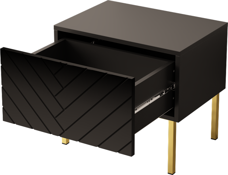 Elegancki stolik nocny czarny połysk z dekoracyjnym wzorem i złotą podstawą.