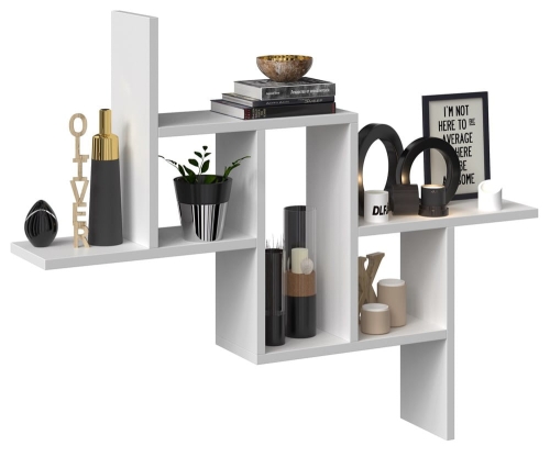 Biała półka ścienna z przegródkami, dekoracyjna i funkcjonalna.