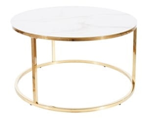 Stolik kawowy biały marmur na złotym stelażu wyróżnia się eleganckim designem i trwałym wykonaniem idealnym do nowoczesnych aranżacji.