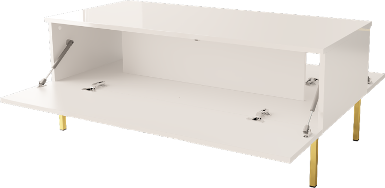 Stolik kawowy biały z połyskiem i złotymi detalami zapewnia stabilność oraz wyjątkowy design idealny do salonu lub pokoju dziennego.