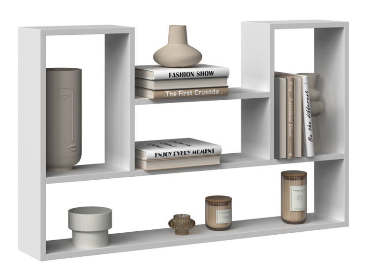 Półka na ścianę z przegródkami, idealna na książki i dodatki.