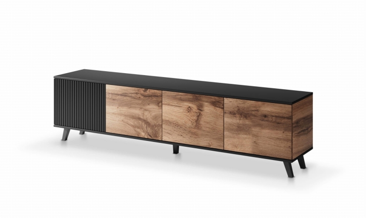 Szafka RTV 200 cm dąb z czarnym wykończeniem.